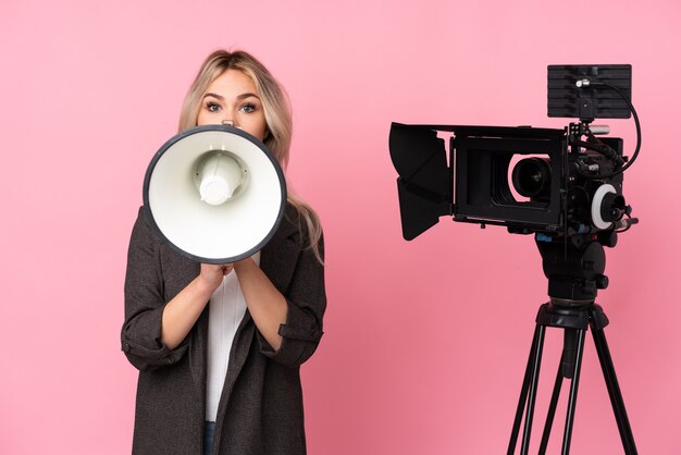 Young reporter woman over isolated