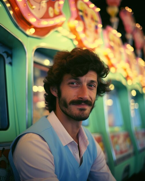 Young retro 80s style man posing in a retro arcade machine room