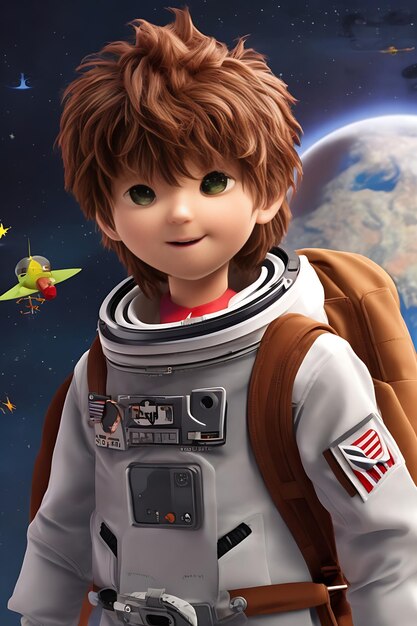 A young robot backpack boy rocket star gazing up at a brown planet in the sky background