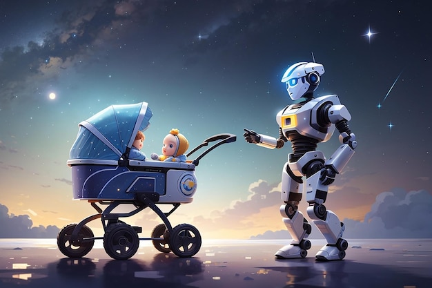 Young robot looking at baby in a stroller against starry sky digital art style illustration painting