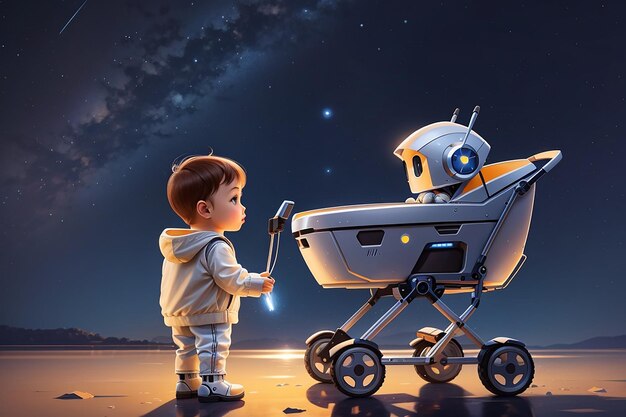 若いロボットが星空のデジタルアートスタイルのイラスト絵画に照らして ⁇ ベビーカーの赤ちゃんを見ています ⁇ 