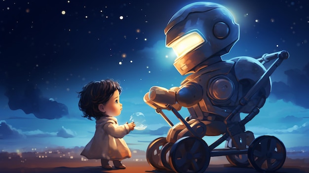Young robot looking at baby in a stroller against