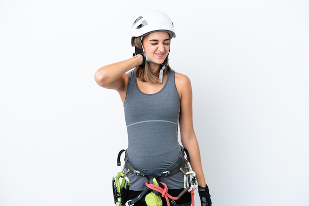 Young rockclimber woman isolated on white background with neckache