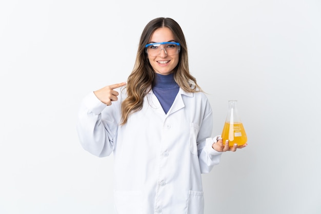 Young Romanian scientific woman isolated on white space giving a thumbs up gesture