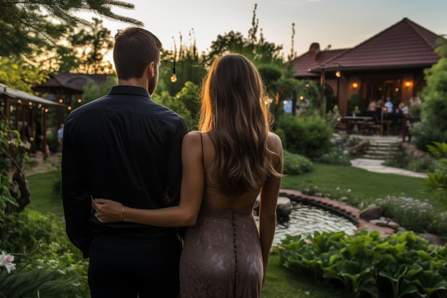 young romantic couple hugging while standing in yard of modern new house view from back