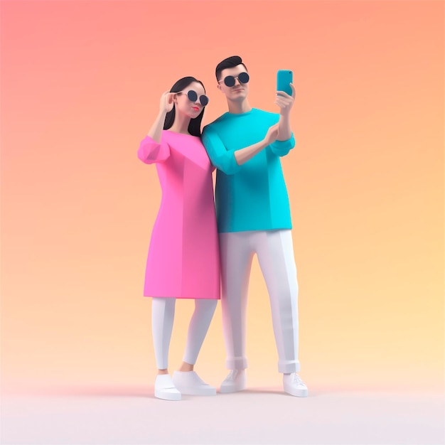 Молодая романтическая улыбающаяся пара делает селфи на стилизованном красочном фоне, созданном AI