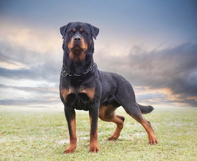 young rottweiler stayingin the nature in summer