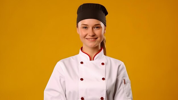 Young russian chef girl isolated on yellow background shaking hands for closing a good deal