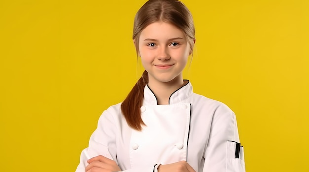 Young russian chef girl isolated on yellow background shaking hands for closing a good deal