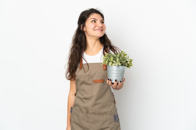 見上げながらアイデアを考えて孤立した植物を保持している若いロシアの庭師の女の子