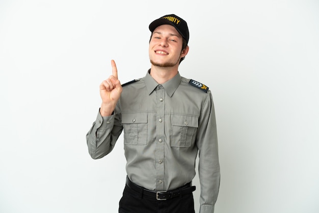 Young Russian security man isolated on white background showing and lifting a finger in sign of the best