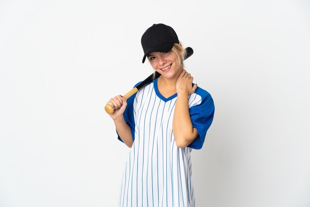 Young Russian woman playing baseball isolated on white background laughing