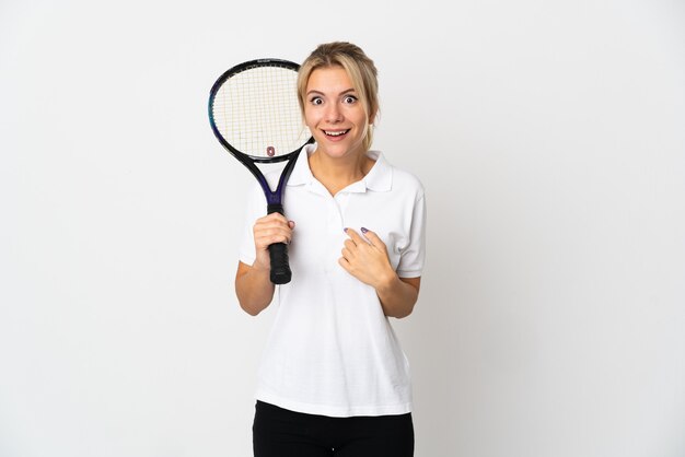 Young Russian woman tennis player isolated on white background with surprise facial expression