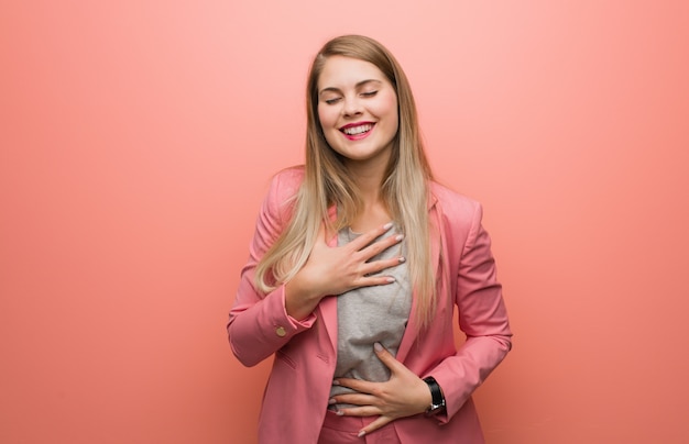 Young russian woman wearing pajama laughing and having fun