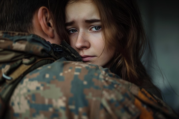 悲しい若い女の子が兵士のボーイフレンドを抱きしめて彼を戦争に連れて行きます