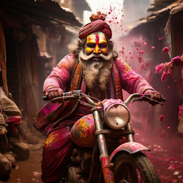 young sadhu ji with bullet bike playing in holi indian sadhu yogi ji playing holi festival