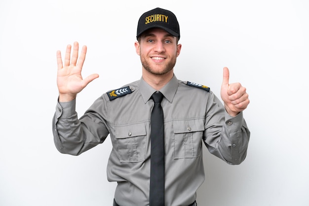 Young safeguard caucasian man isolated on white background counting six with fingers