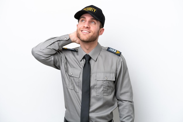 Young safeguard caucasian man isolated on white background thinking an idea