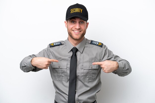 Young safeguard caucasian man isolated on white background with surprise facial expression