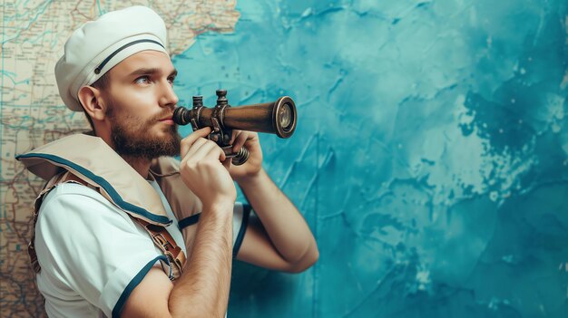 A young sailor with a beard and a white hat is looking through a telescope He is wearing a white shirt and a life jacket