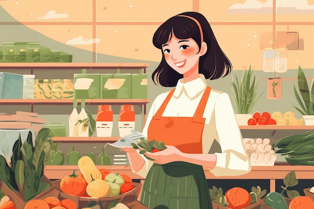 Young Saleswoman in Apron Assisting at a Supermarket Generative Ai