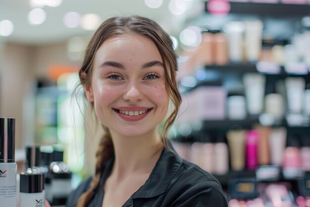 A young saleswoman holding a bottle of makeup in a cosmetic store