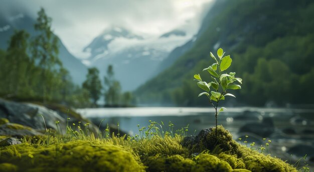 Photo young sapling growing in a serene mountain landscape