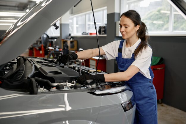 Young satisfied female mechanic fixing engine at service car garage and maintenance workshop