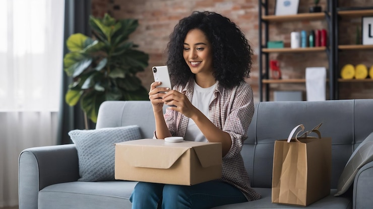 Photo young satisfied happy woman shopaholic customer sit on sofa unpack parcel delivery box online shopp