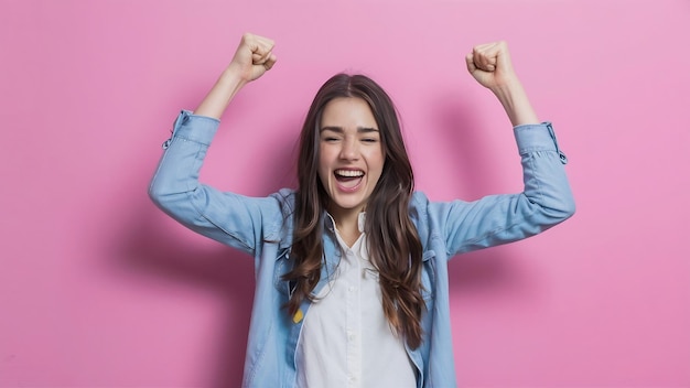 Young satisfied woman winning prize and celebrating making fist pump and screaming of joy triumph