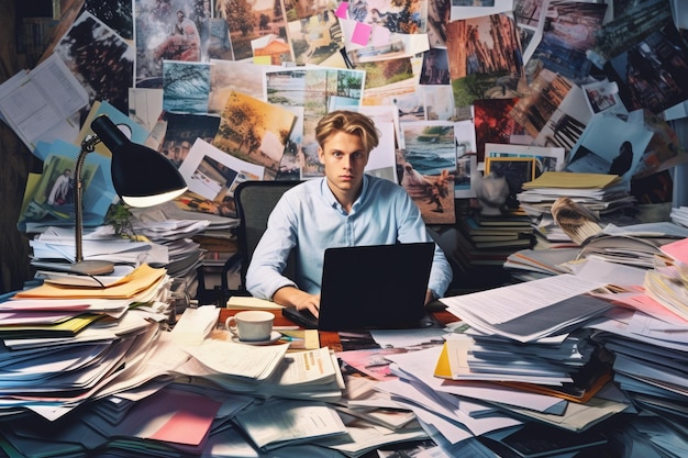 A young Scandinavian businessman sitting at a desk working at laptop that is full of papers and other documents Generative AI AIG30