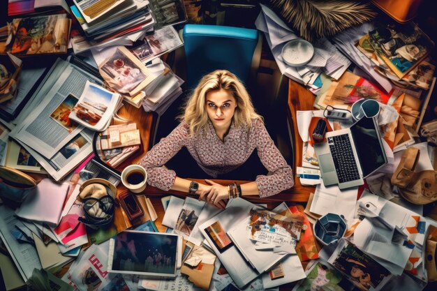 Photo a young scandinavian businesswoman sitting at a desk working at laptop that is full of papers and other documents generative ai aig30