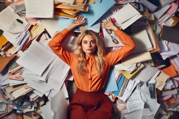 Photo a young scandinavian businesswoman sitting at a desk working at laptop that is full of papers and other documents generative ai aig30