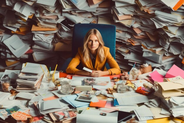 A young Scandinavian businesswoman sitting at a desk working at laptop that is full of papers and other documents Generative AI AIG30