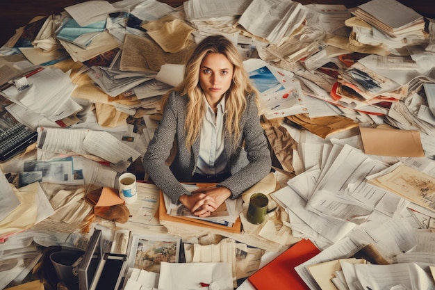 A young Scandinavian businesswoman sitting at a desk working at laptop that is full of papers and other documents Generative AI AIG30