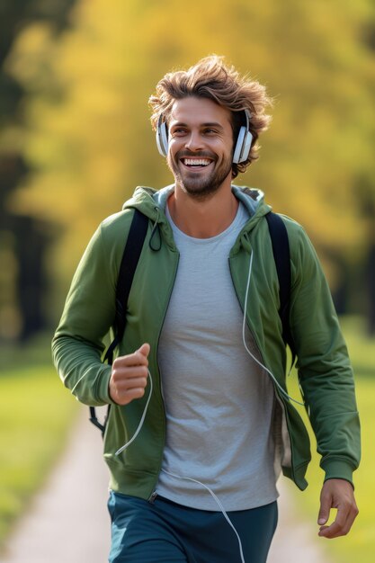 Photo a young scandinavian man with backpack during a walk in the summer park to his favorite music