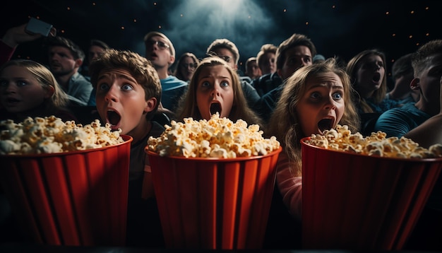 Молодая испуганная публика в кинотеатре смотрит фильм ужасов и кричит.