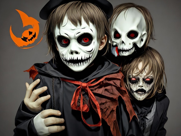 Young scary creepy and frightening young boy in halloween mask costume ai generated