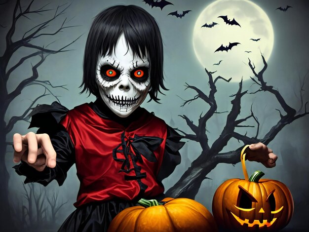 Young scary creepy and frightening young boy in halloween mask costume ai generated