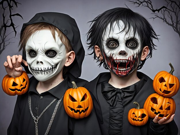 Young scary creepy and frightening young boy in halloween mask costume ai generated