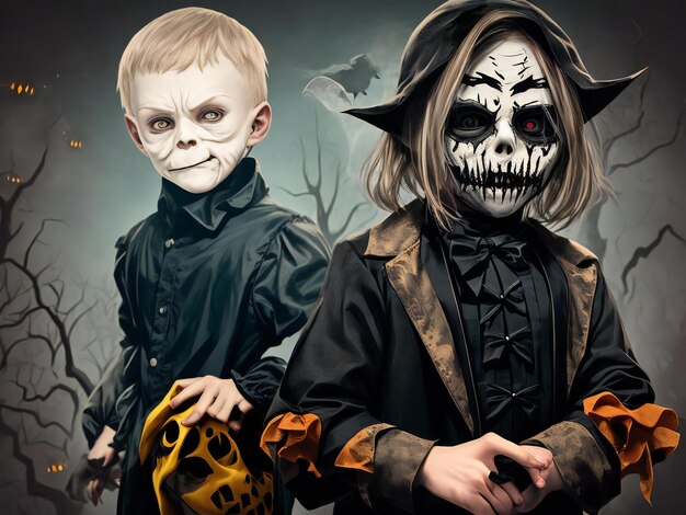 Young scary creepy and frightening young boy in halloween mask costume ai generated