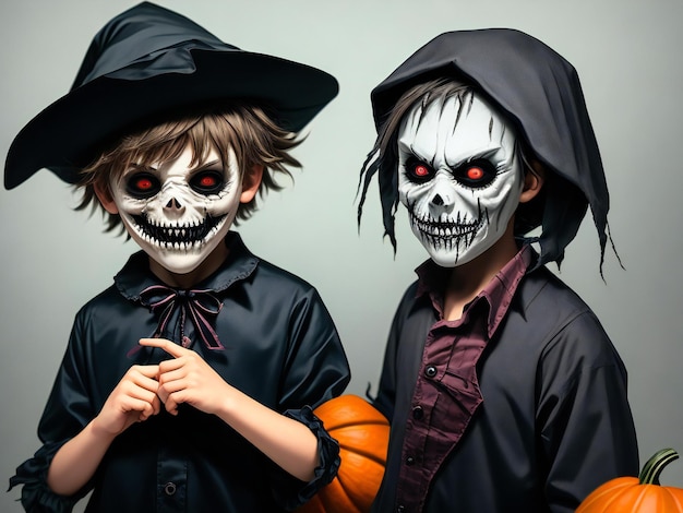 Young scary creepy and frightening young boy in halloween mask costume ai generated