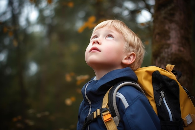 A young school boy holding a backpack and looking up created with generative ai