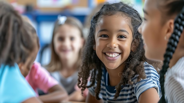 A young school girl smiles at the camera while sitting in a classroom with her classmates She has curly hair and is wearing a striped shirt