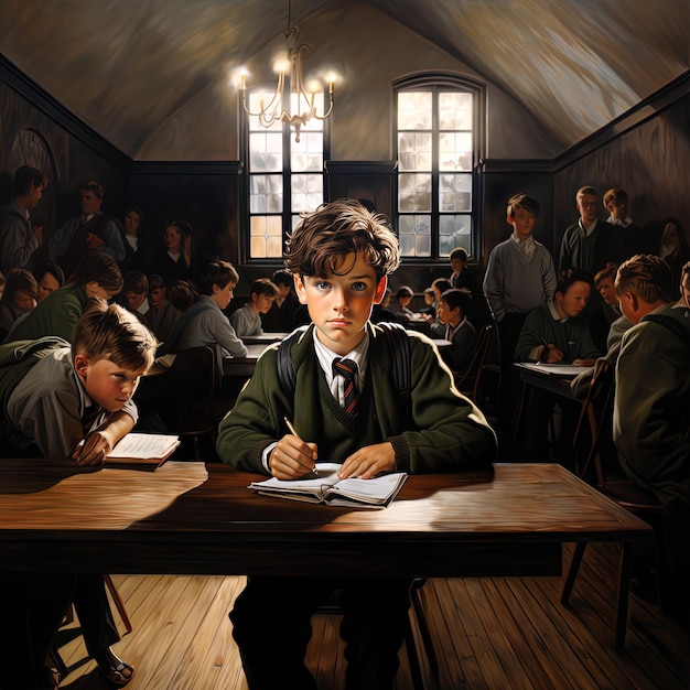 young schoolboy in the classroom examination