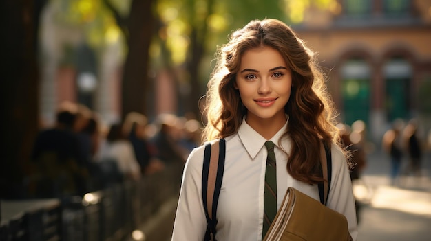 A young schoolgirl in a school uniform smiling Back to school