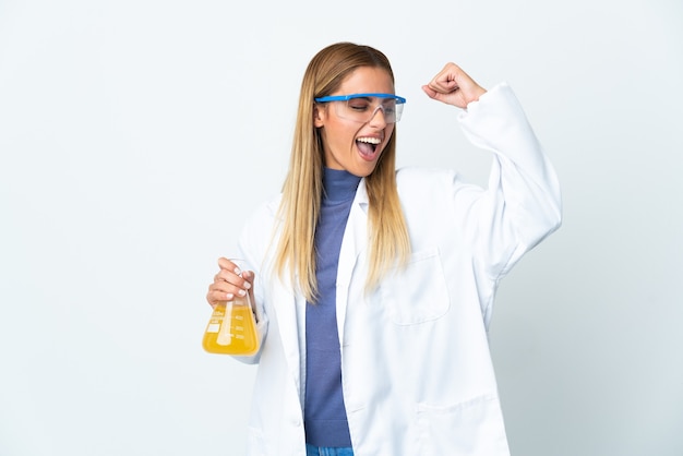 Young scientific woman on white celebrating a victory
