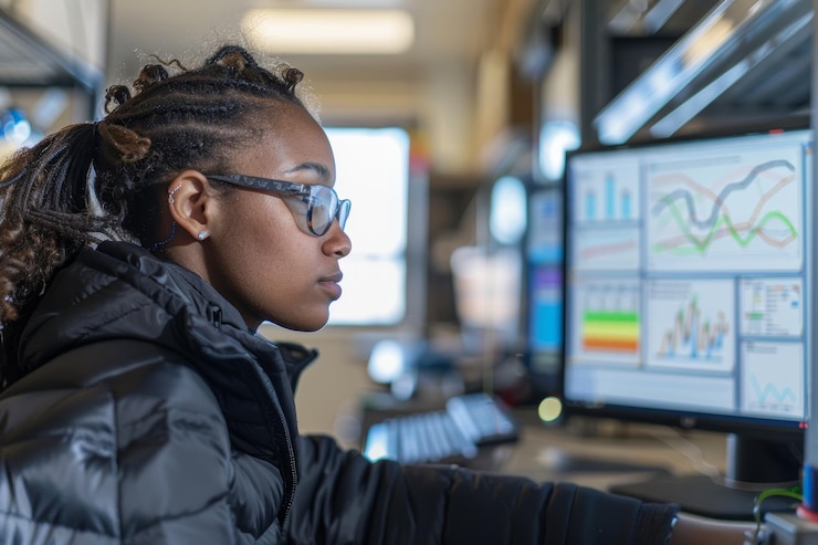 Photo young scientist analyzing climate data and charts on computer monitors for environmental research