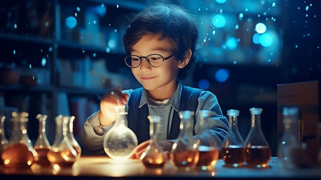 Foto giovane scienziato che esplora le meraviglie della chimica con provette generative ai