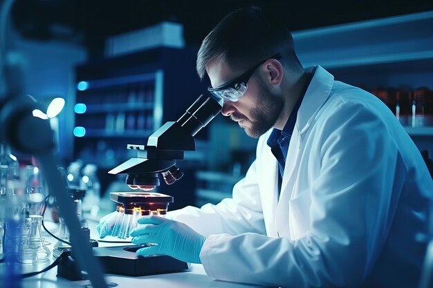 Young Scientist using microscope in laborator Working Medical healthcare technology Generative AI